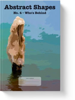 'Abstract Shapes No. 4 - Who's Behind' - a lined notebook/journal by Vlavoy. 'Go to Amazon' link.