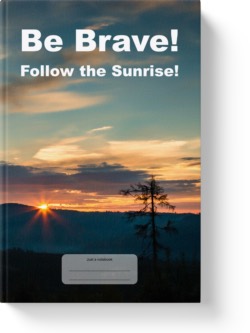 'Be Brave! Follow the Sunrise!' A lined notebook/journal by Vlavoy. 'Go to Amazon' link.