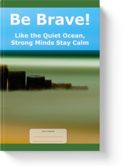 'Be Brave! Like the Quiet Ocean, Strong Minds Stay Calm'. A low-content lined notebook/journal by Vlavoy. 'Go to Amazon' link.