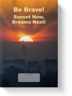 'Be Brave! Sunset Now, Dreams Next!' A low-content lined notebook/journal by Vlavoy. 'Go to Amazon' link.