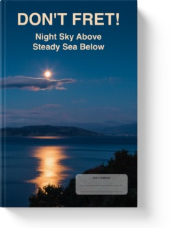'Don't Fret! Night Sky Above, Steady Sea Below'. A wide-lined low-content notebook/journal by Vlavoy. 'Go to Amazon' link.
