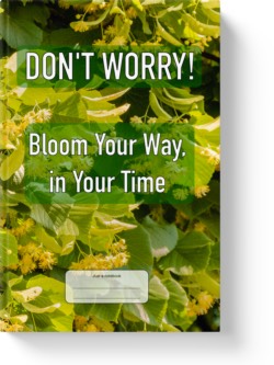 'Don't Worry! Bloom Your Way, in Your Time': A lined notebook by Vlavoy. 'Go to Amazon' link.