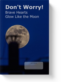 'Don't Worry! Brave Hearts Glow Like the Moon.' A lined notebook by Vlavoy. 'Go to Amazon' link.
