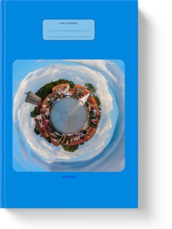 'Tiny Planet - Lake Sailing'. A wide-lined journal by Vlavoy. 'Go to Amazon' link.