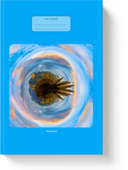 'Tiny Planet - Mountains and Trees'. A wide-lined notebook by Vlavoy. 'Go to Amazon' link.