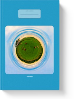 'Tiny Planet - Sunset on a Field' - A lined notebook by Vlavoy. 'Go to Amazon' link.
