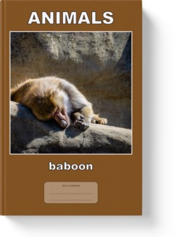 'Animals - baboon' a low-content notebook/composition journal by Vlavoy. 'Go to Amazon' link.
