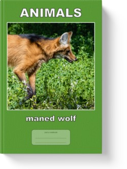 'Animals - maned wolf' - a low-content notebook/composition journal by Vlavoy. 'Go to Amazon' link.