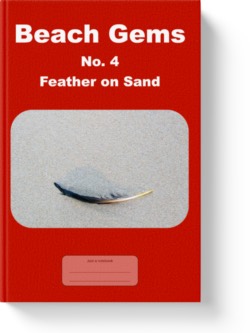'Beach Gems No. 4 - Feather on Sand' - a low-content notebook/composition journal by Vlavoy. 'Go to Amazon' link.