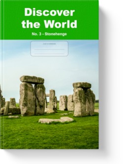 'Discover the World - No. 3 Stonehenge' - a low-content notebook/composition journal by Vlavoy. 'Go to Amazon' link.