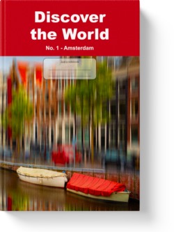 'Discover the World - No. 1 Amsterdam' - a low-content notebook/composition journal by Vlavoy. 'Go to Amazon' link.