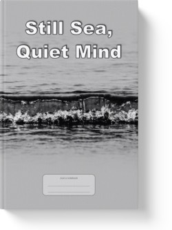 'Still Sea, Quiet Mind' - a low-content notebook/composition journal by Vlavoy. 'Go to Amazon" link.
