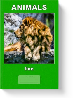 'Animals - lion' - a low-content notebook/composition journal by Vlavoy. 'Go to Amazon' link.