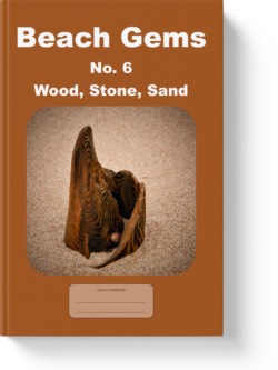 'Beach Gems No. 6 - Wood, Stone, Sand' - a low-content notebook/composition journal by Vlavoy. 'Go to Amazon' link.