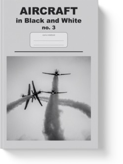 'Aircraft in black and white no. 3'- a notebook or composition journal by Vlavoy. 'Go to Amazon' link.