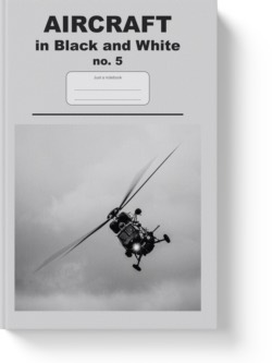 'Aircraft in black and white no. 5'- a notebook or composition journal by Vlavoy. 'Go to Amazon' link.