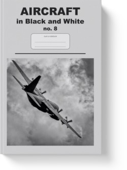 'Aircraft in black and White No. 8' - wide lined notebook, journal by Vlavoy. 'Go to Amazon' link.