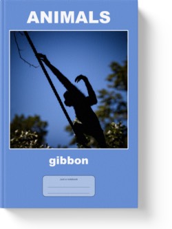 'Animals - gibbon' - a wide-lined notebook or journal by Vlavoy. 'Go to Amazon' link.