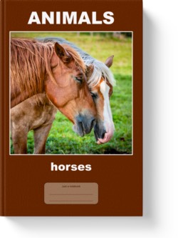 'Animals - horses' - a lined notebook, journal or composition notebook by Vlavoy. 'Go to Amazon' link.