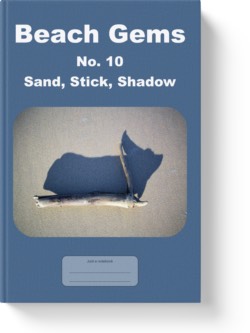 'Beach Gems No. 10 - Sand, Stick, Shadow' - a lined notebook, journal by Vlavoy. 'Go to Amazon' link.