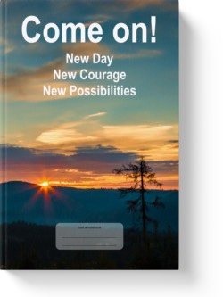 'Come On! New Day, New Courage, New Possibilities' - a wide-lined journal, notebook by Vlavoy. 'Go to Amazon' link.