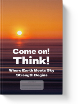 'Come On! Think! Where Earth Meets Sky, Strength Begins' - a lined notebook by Vlavoy. 'Go to Amazon' link.