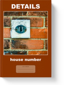 'Details - house number' - a lined notebook, journal, composition notebook by Vlavoy. 'Go to Amazon' link.