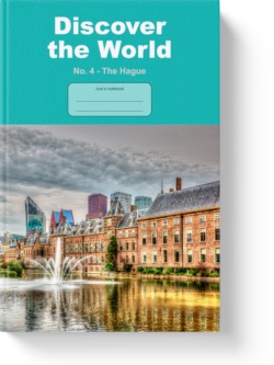 'Discover the World No. 4 - The Hague' - a lined notebook, journal, composition notebook by Vlavoy. 'Go to Amazon' link.