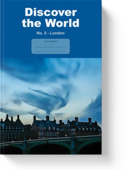 'Discover the World No. 5 - London' - a wide lined notebook, journal by Vlavoy. 'Go to Amazon' link.