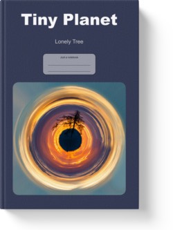 'Tiny Planet - Lonely Tree'. A lined journal by Vlavoy. 'Go to Amazon' link.