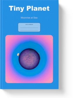 'Tiny Planet - Moonrise at Sea' - a lined notebook by Vlavoy. 'Go to Amazon' link.
