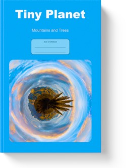 'Tiny Planet - Mountains and Trees' - a wide-lined notebook by Vlavoy. 'Go to Amazon' link.