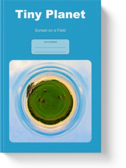 'Tiny Planet - Sunset on a Field' - a lined notebook by Vlavoy. 'Go to Amazon' link.