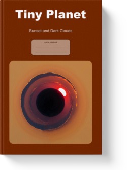 'Tiny Planet - Sunset and Dark Clouds' - a lined notebook by Vlavoy. 'Go to Amazon' link.